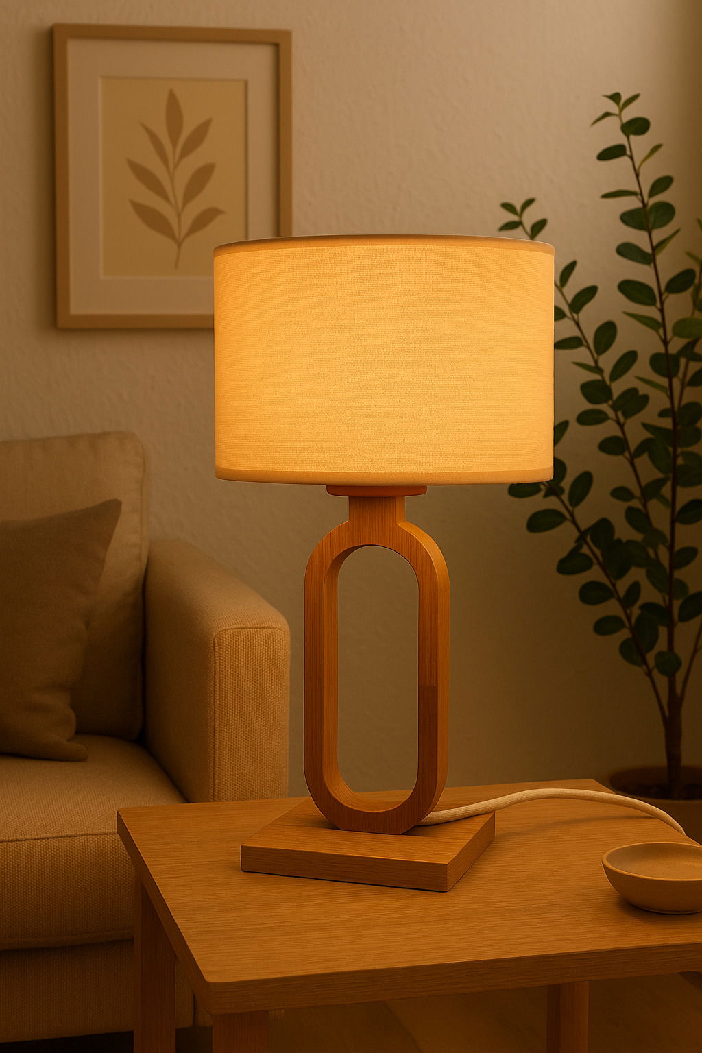 Moderne Tischleuchte mit ovalem Holzrahmen und warmem Lampenschirm, seitliche Perspektive