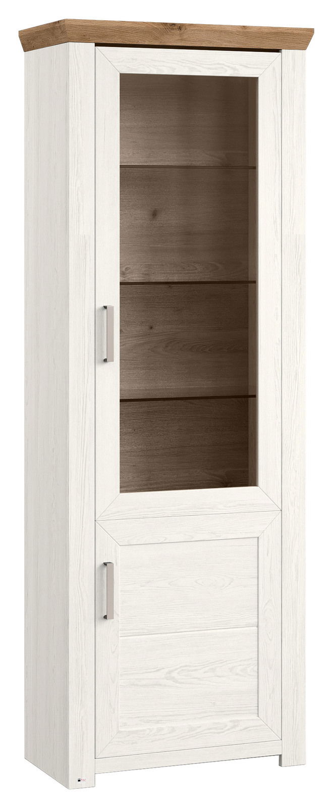 Weiße Vitrine mit Holzakzenten, Frontansicht