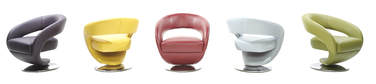 Fünf moderne Drehsessel in verschiedenen Farben (lila, gelb, rot, weiß, grün) auf weißem Hintergrund, seitliche und frontale Perspektiven.
