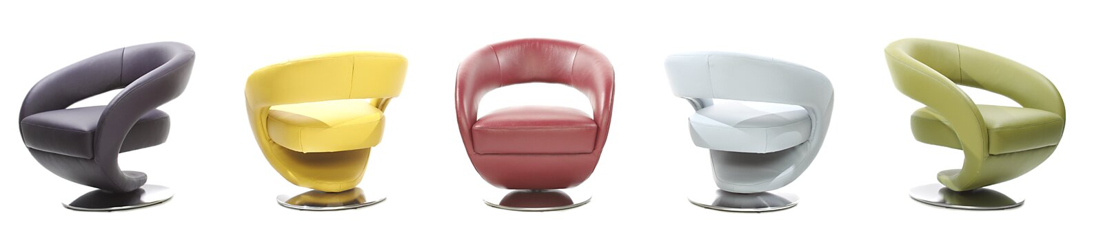 Fünf moderne Drehsessel in verschiedenen Farben (lila, gelb, rot, weiß, grün) auf weißem Hintergrund, seitliche und frontale Perspektiven.