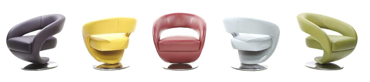 Fünf moderne Drehsessel in verschiedenen Farben (lila, gelb, rot, weiß, grün) auf weißem Hintergrund, seitliche und frontale Perspektiven.