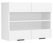Weißer Hängeschrank/Wandschrank mit zwei geschlossenen Türen, zwei Glas-Schiebetüren und schwarzem Griff, frontal aus leichter Links-Perspektive freigestellt auf weißem Hintergrund