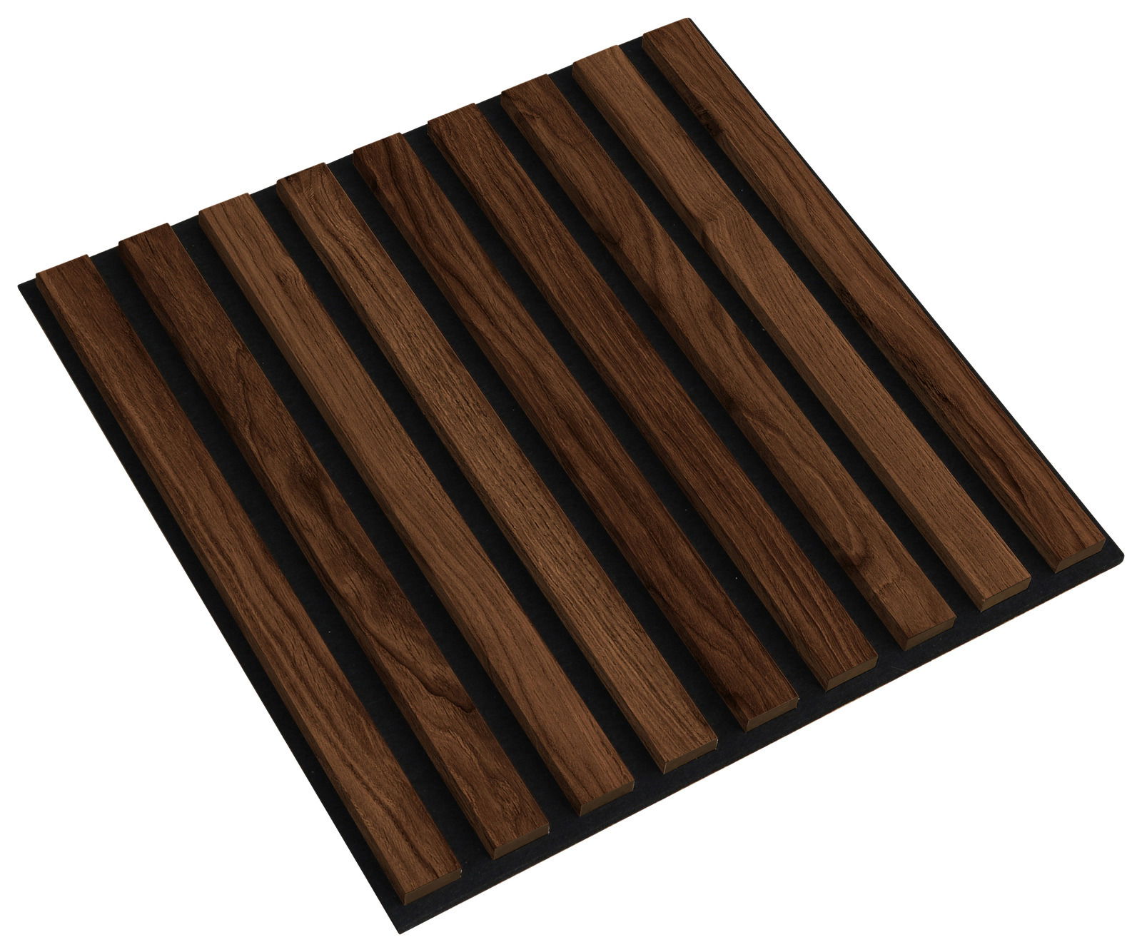 Dekoratives quadratisches Paneel mit Holzlatten, perspektivisch von oben betrachtet.