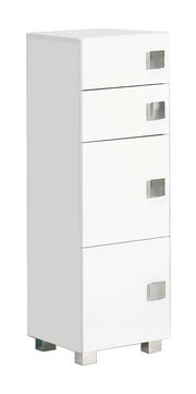 Weißer Unterschrank mit vier Schubladen und silbernen Griffen, seitliche Perspektive