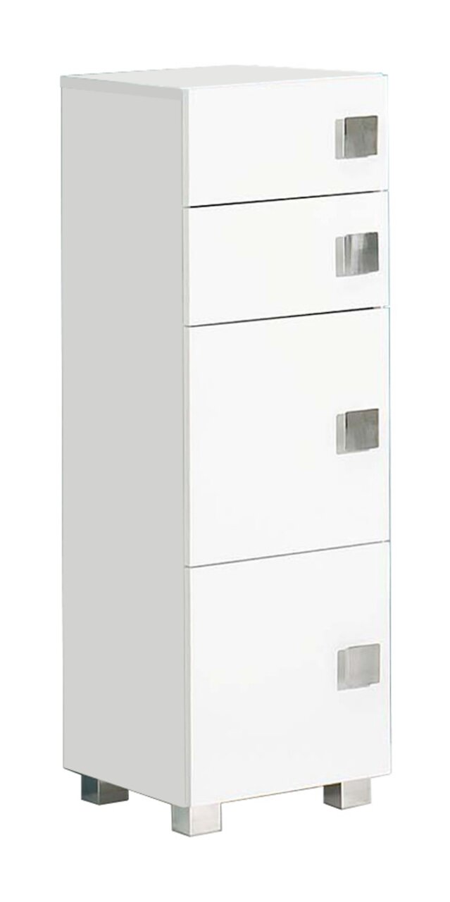 Weißer Unterschrank mit vier Schubladen und silbernen Griffen, seitliche Perspektive