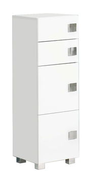 Weißer Unterschrank mit vier Schubladen und silbernen Griffen, seitliche Perspektive