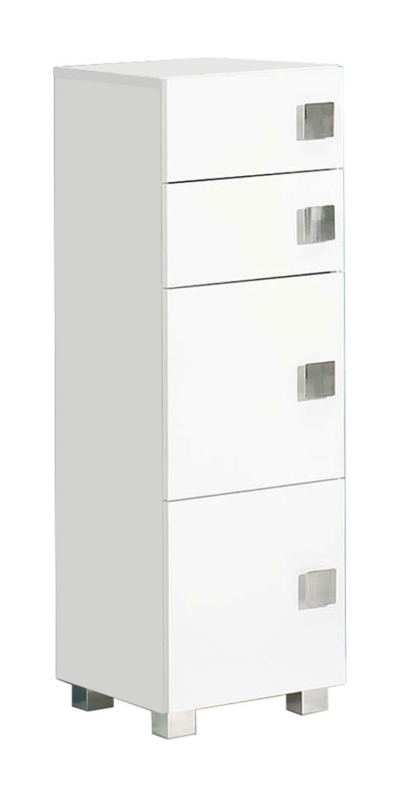 Weißer Unterschrank mit vier Schubladen und silbernen Griffen, seitliche Perspektive