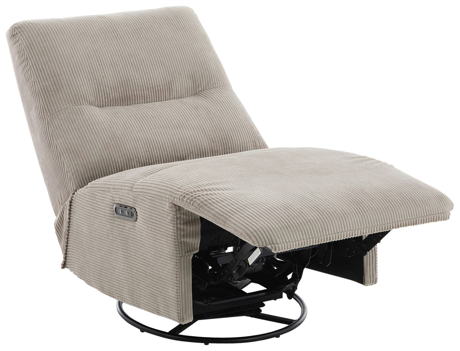 Beiger Relaxsessel mit verstellbarer Rückenlehne und Fußstütze, seitliche Ansicht