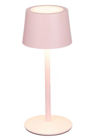 Rosa Akku-Tischleuchte in Seitenansicht mit rundem Sockel und konischem Lampenschirm.