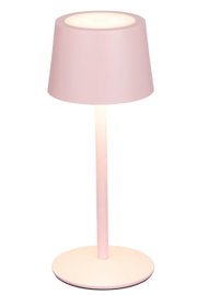 Rosa Akku-Tischleuchte in Seitenansicht mit rundem Sockel und konischem Lampenschirm.