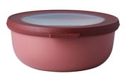 Runde, mauvefarbene Multischüssel mit transparentem Deckel, seitliche Perspektive