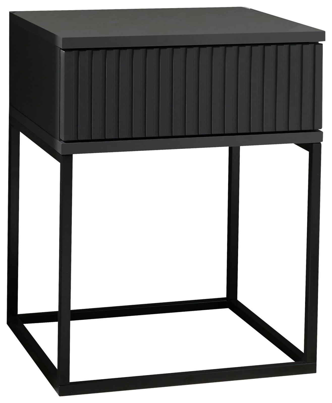 Moderne schwarze Nachtkommode mit geriffelter Front und Metallgestell, seitliche Perspektive