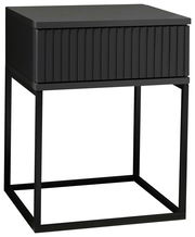 Moderne schwarze Nachtkommode mit geriffelter Front und Metallgestell, seitliche Perspektive