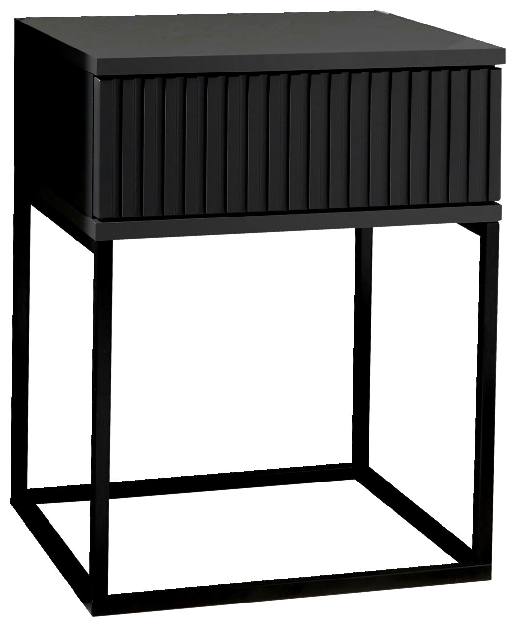 Moderne schwarze Nachtkommode mit geriffelter Front und Metallgestell, seitliche Perspektive