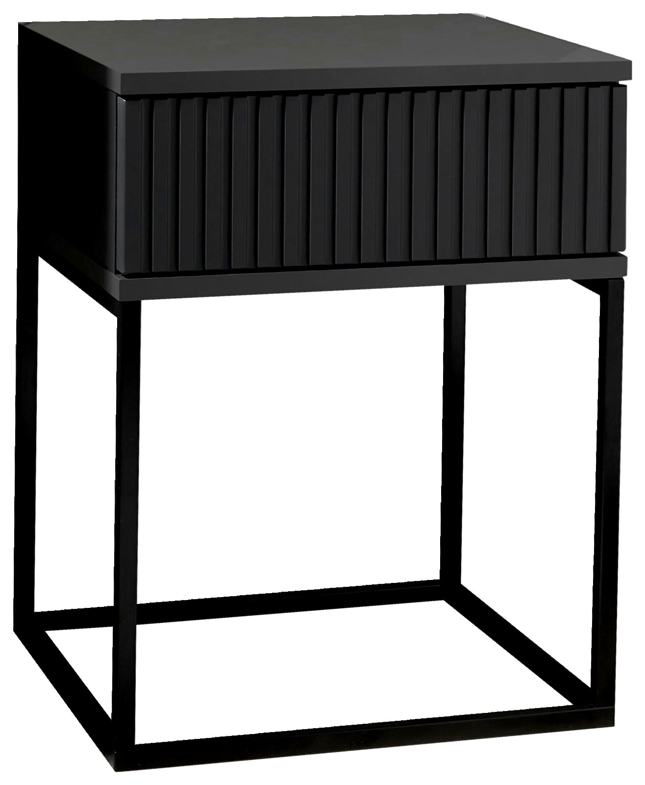 Moderne schwarze Nachtkommode mit geriffelter Front und Metallgestell, seitliche Perspektive
