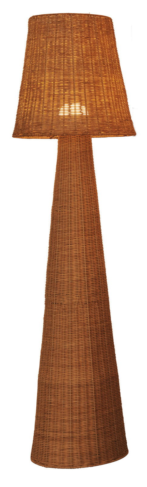 Akku-Outdoor-Stehleuchte aus geflochtenem Material, frontal fotografiert.