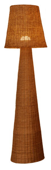 Akku-Outdoor-Stehleuchte aus geflochtenem Material, frontal fotografiert.