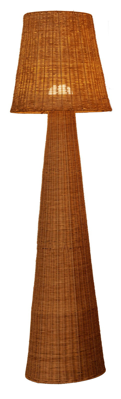 Akku-Outdoor-Stehleuchte aus geflochtenem Material, frontal fotografiert.