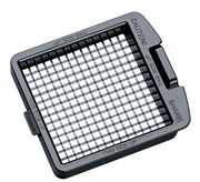 Vogelperspektive auf einen Zwiebel- und Gemüsewürfler mit scharfen Klingen und der Aufschrift 'THIS SIDE UP'.