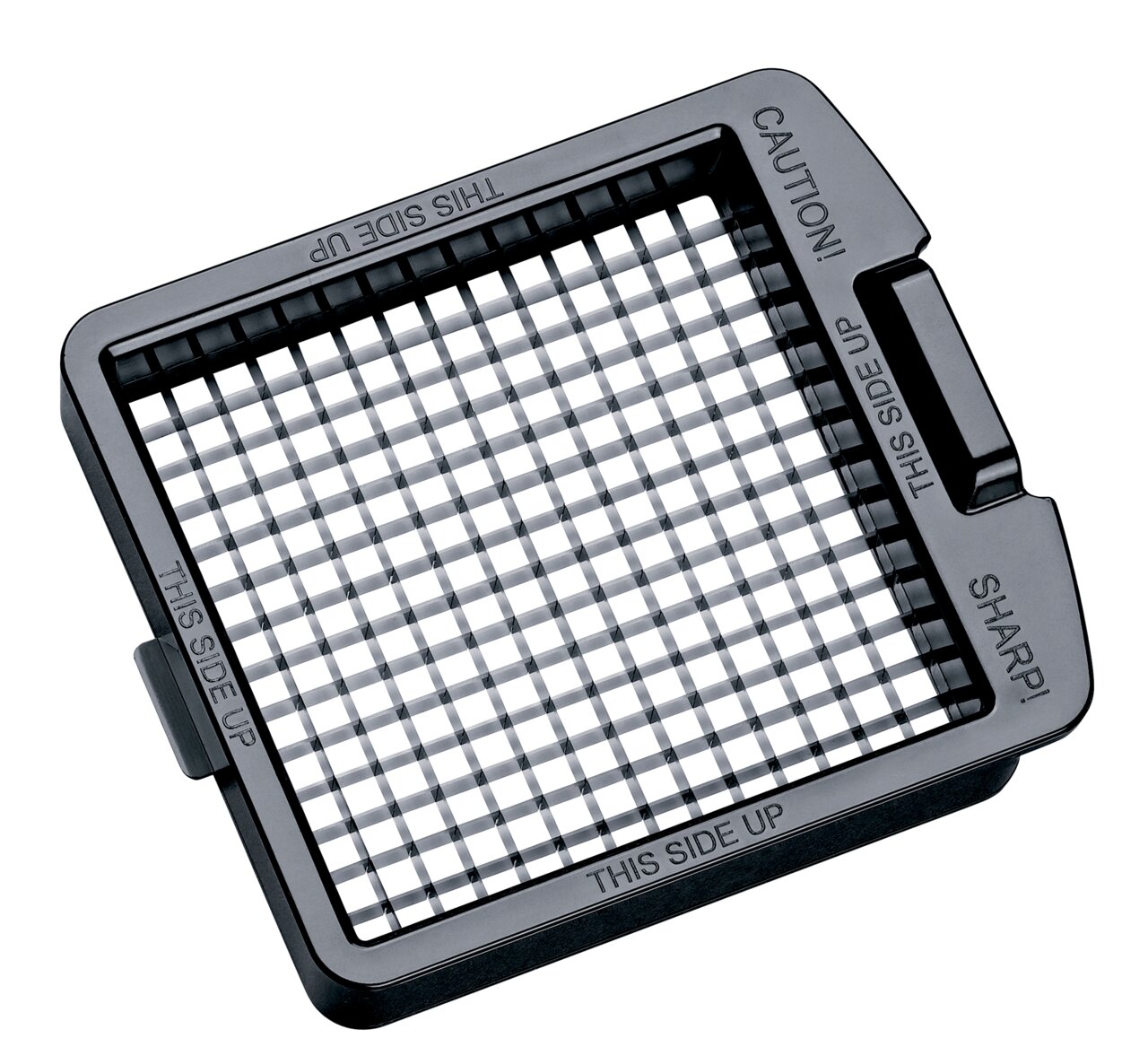 Vogelperspektive auf einen Zwiebel- und Gemüsewürfler mit scharfen Klingen und der Aufschrift 'THIS SIDE UP'.