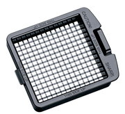 Vogelperspektive auf einen Zwiebel- und Gemüsewürfler mit scharfen Klingen und der Aufschrift 'THIS SIDE UP'.