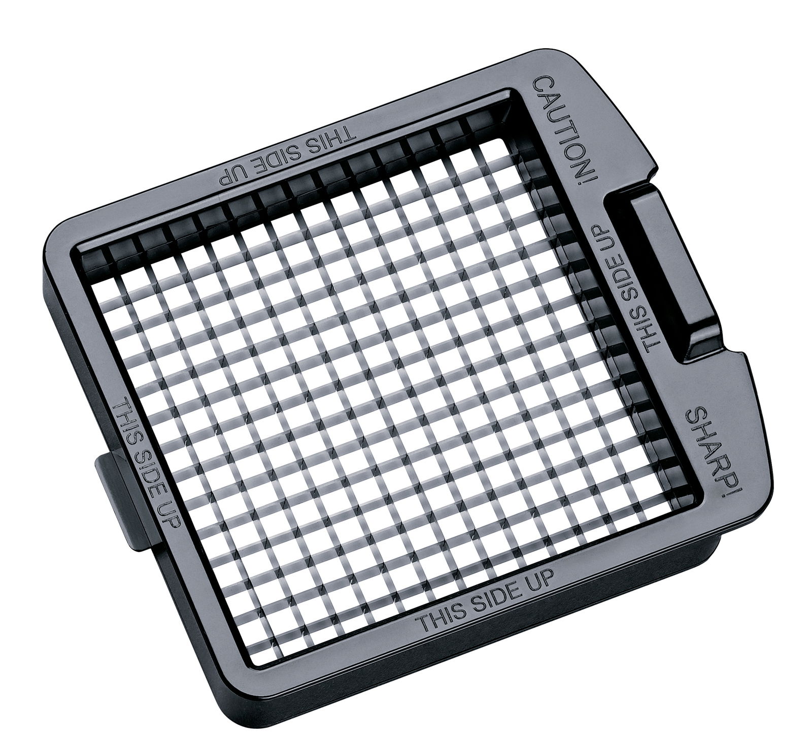 Vogelperspektive auf einen Zwiebel- und Gemüsewürfler mit scharfen Klingen und der Aufschrift 'THIS SIDE UP'.