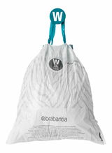Müllbeutel mit 5 Liter Fassungsvermögen, Vorderansicht, mit blauen Tragegriffen und Brabantia-Logo.