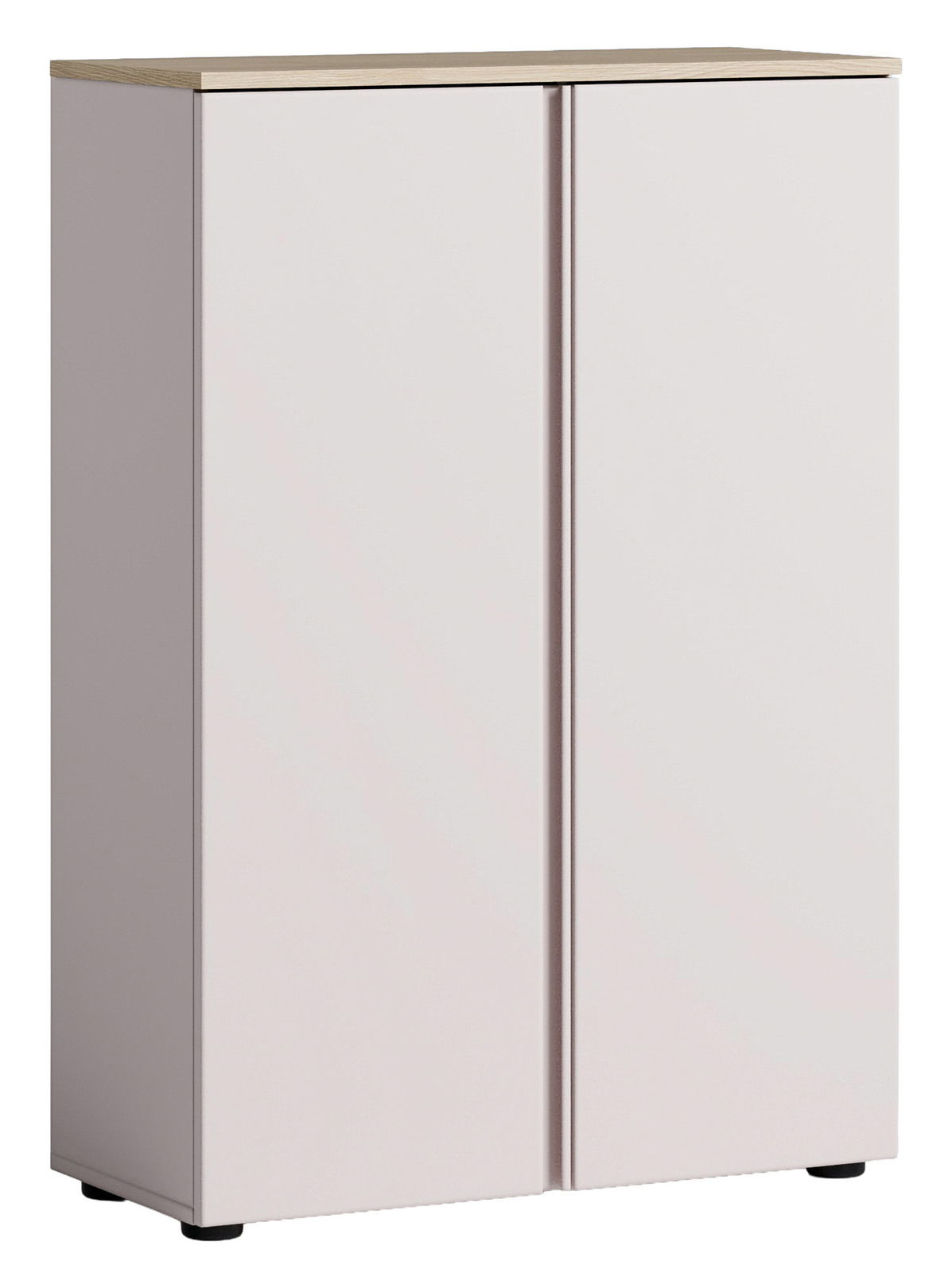 Voleo Schoenenkast MILTON Moderner Schuhschrank mit zwei Türen, frontal abgebildet, in hellem Holzton mit schwarzem Sockel.