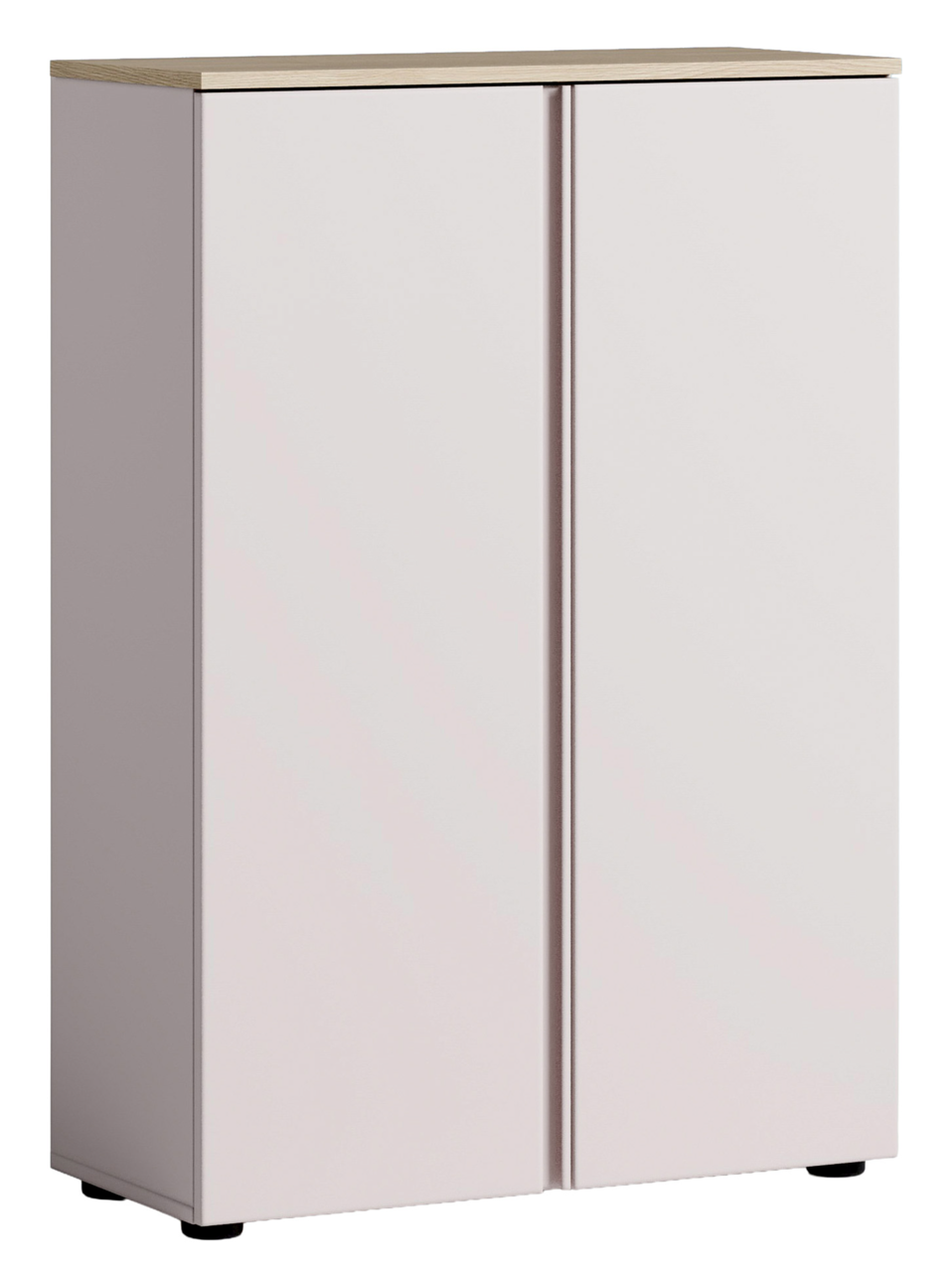 Voleo Schuhschrank MILTON Moderner Schuhschrank mit zwei Türen, frontal abgebildet, in hellem Holzton mit schwarzem Sockel.