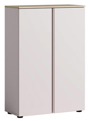 Moderner Schuhschrank mit zwei Türen, frontal abgebildet, in hellem Holzton mit schwarzem Sockel.