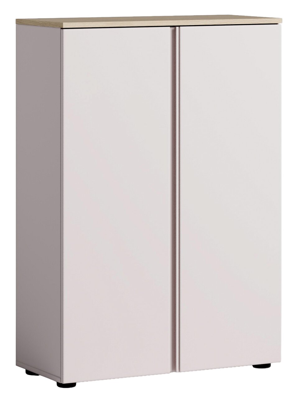 Voleo Schoenenkast MILTON Moderner Schuhschrank mit zwei Türen, frontal abgebildet, in hellem Holzton mit schwarzem Sockel.