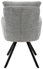 Rückansicht eines grauen Armlehnstuhls mit schwarzem Metallgestell.