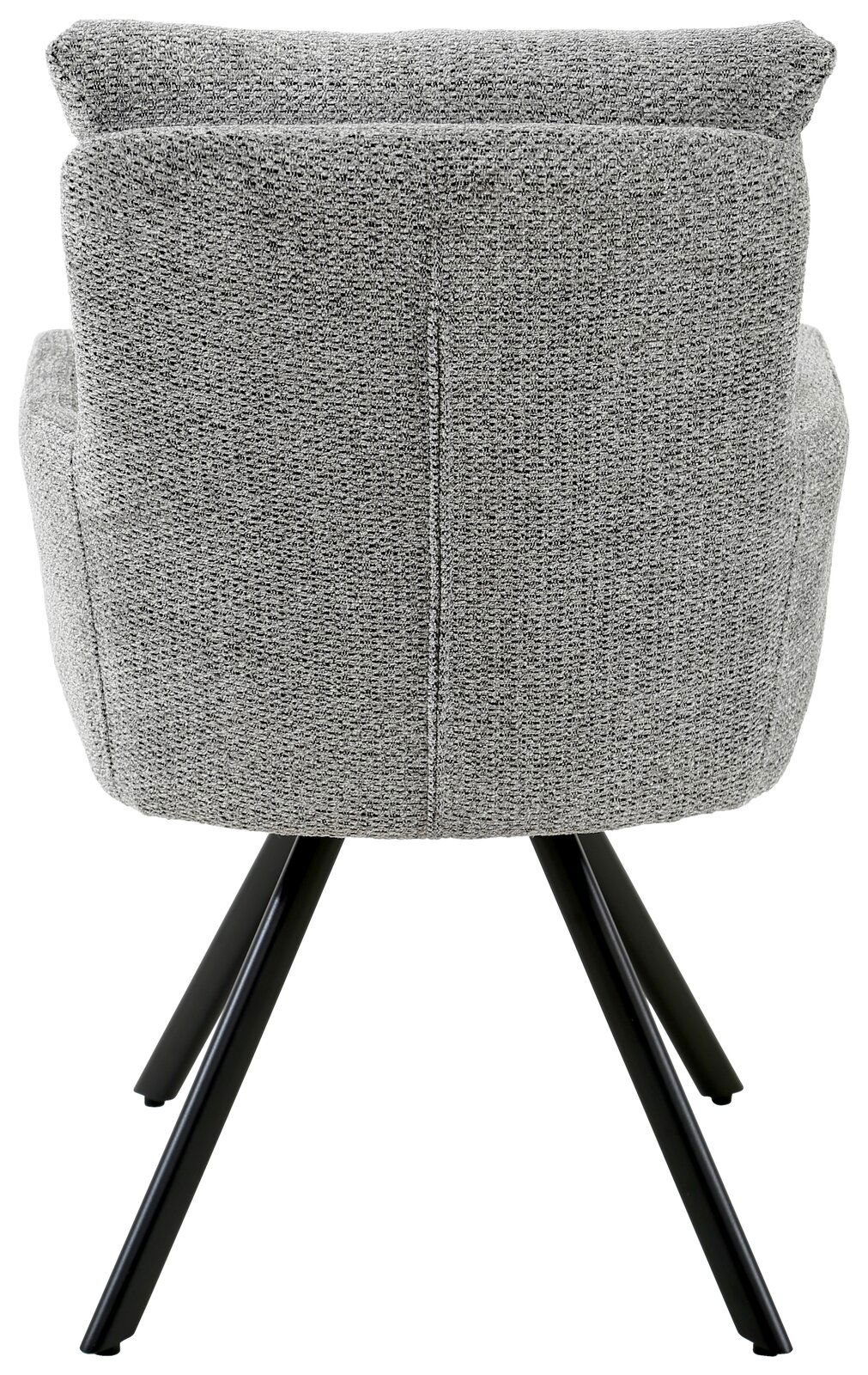 Rückansicht eines grauen Armlehnstuhls mit schwarzem Metallgestell.