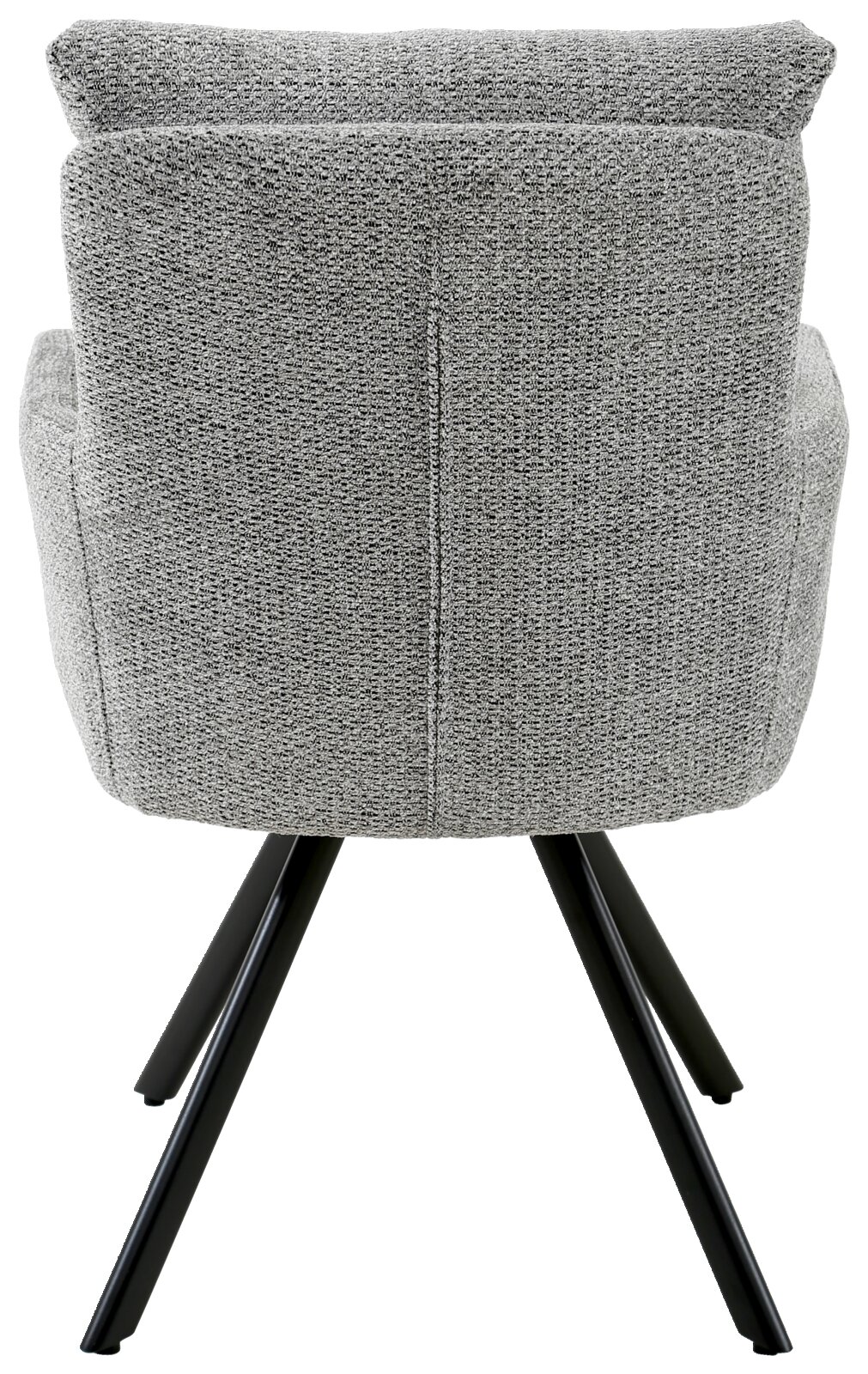 Rückansicht eines grauen Armlehnstuhls mit schwarzem Metallgestell.