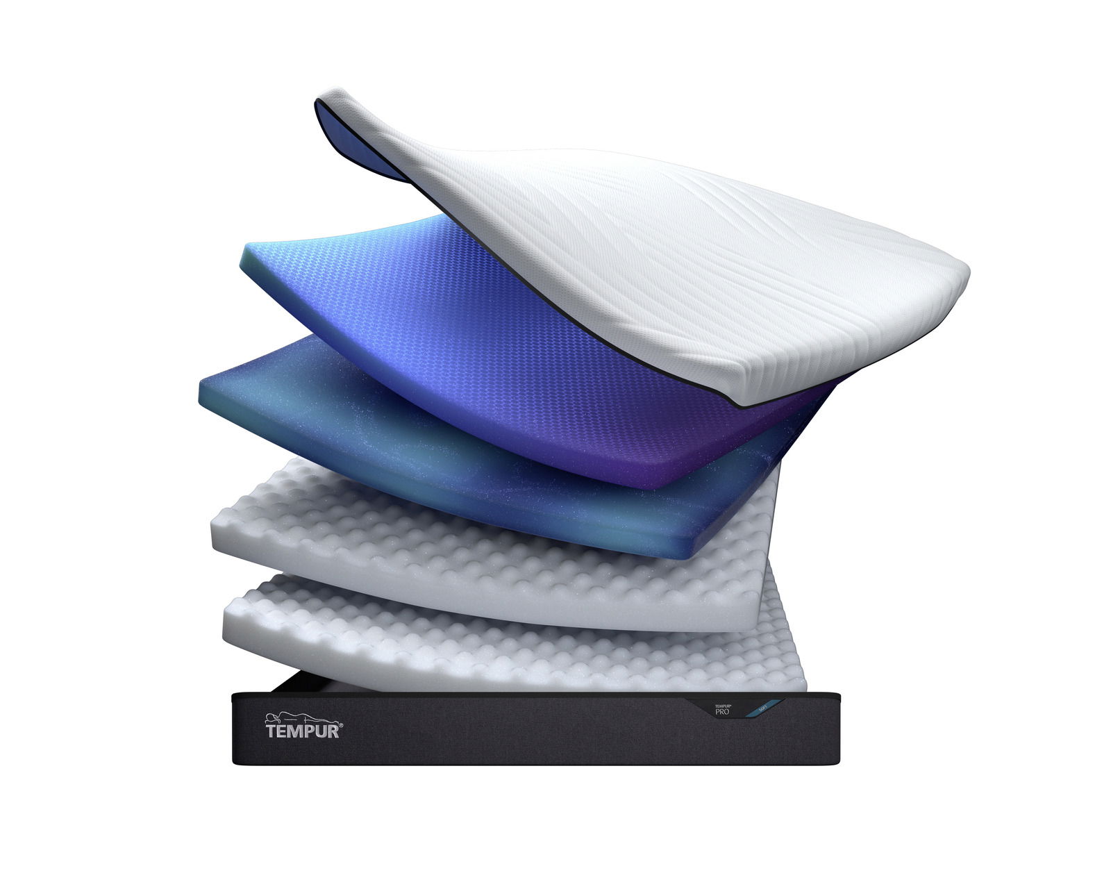 Tempur Viscomatratze PRO COOLQUILT Querschnitt einer Viscomatratze 80x200 soft mit mehreren Schichten in verschiedenen Farben, perspektivisch von der Seite gezeigt.