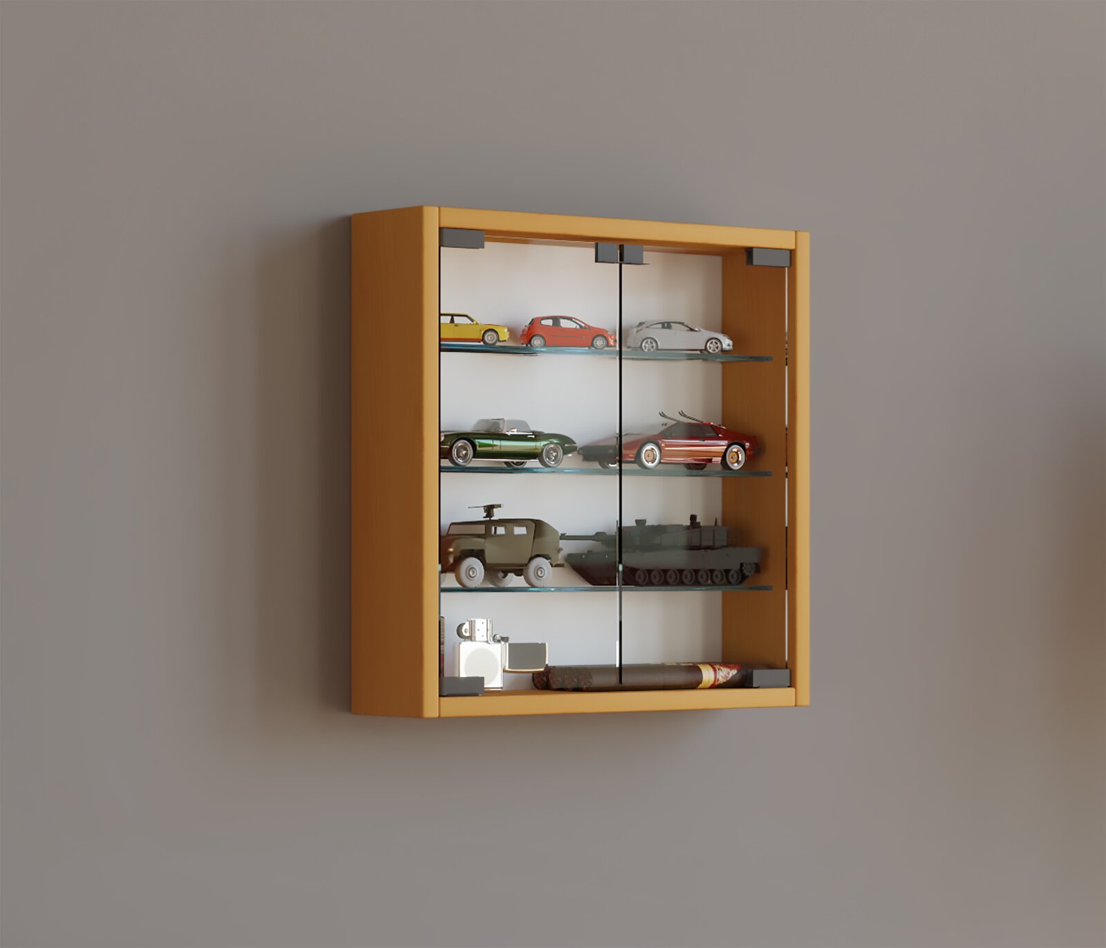 Wandvitrine aus hellem Holz mit Glas-Schiebetüren und Glasböden, bestückt mit Modellautos und Militärfahrzeugen, frontal leicht seitlich von links fotografiert