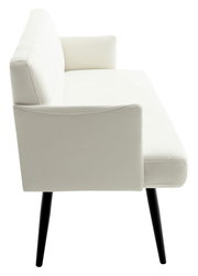 Seitenansicht einer weißen Solobank mit schwarzen Beinen, modernes Design