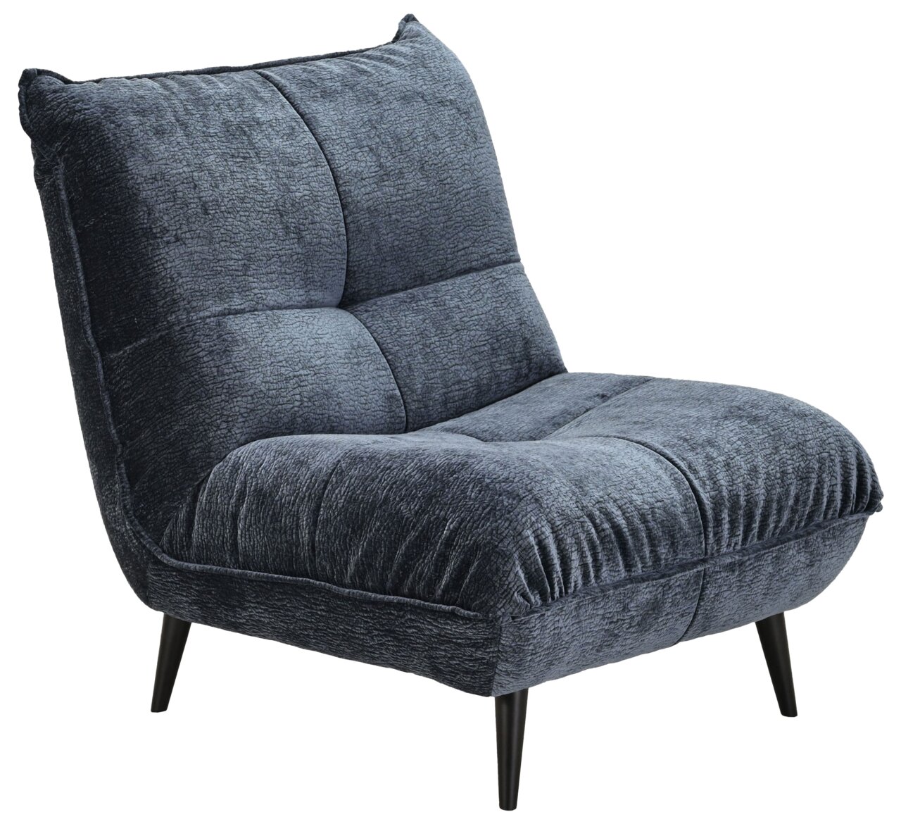 Hom´in Sessel MM137 NOVA Moderner, dunkelblauer Sessel mit weichem Stoffbezug und schwarzen, schrägen Beinen, seitliche Perspektive