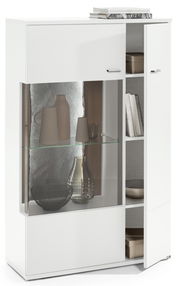 Weißes Highboard mit Glaseinsatz und dekorativen Vasen, seitliche Perspektive