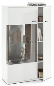 Weißes Highboard mit Glaseinsatz und dekorativen Vasen, seitliche Perspektive