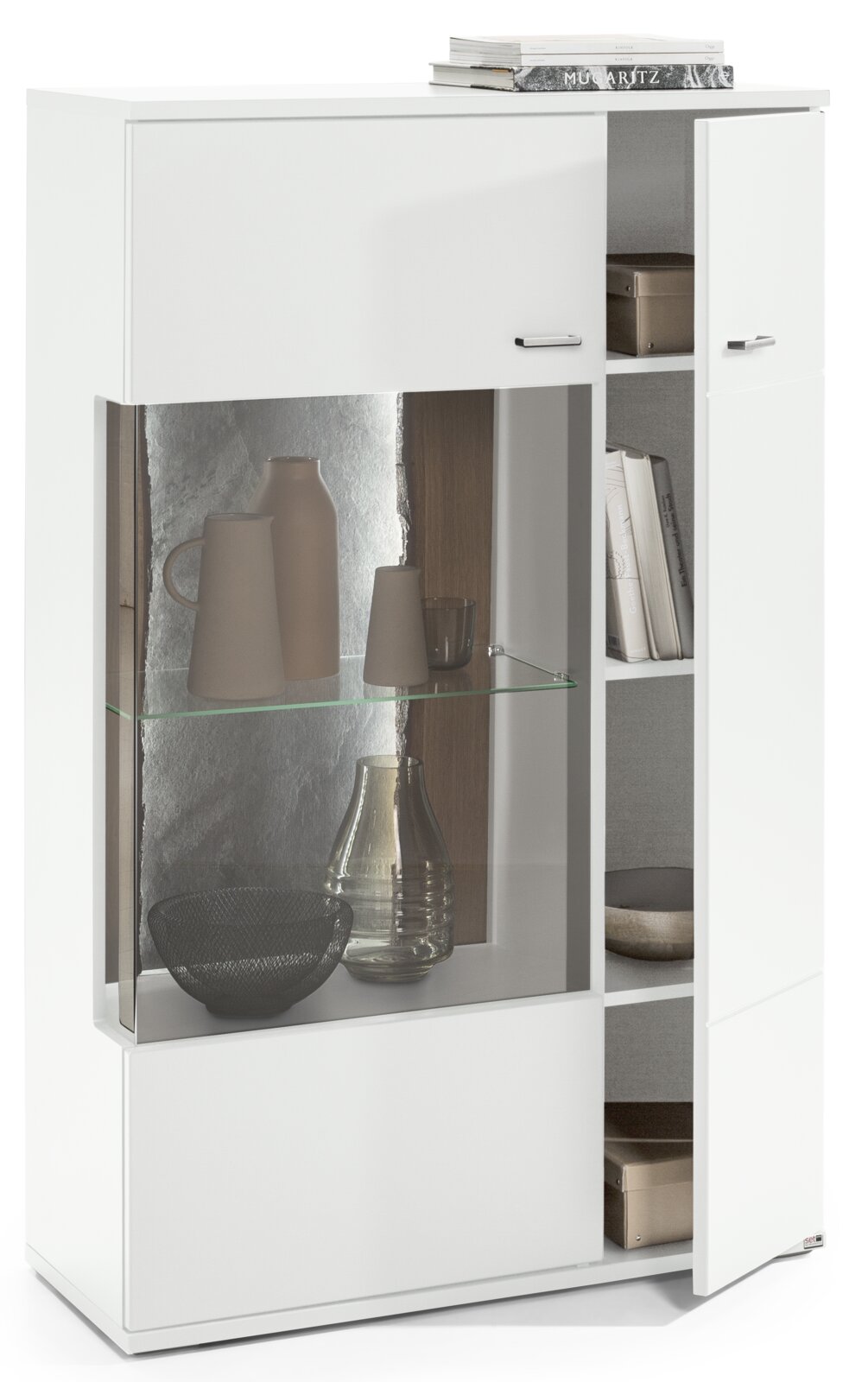 Weißes Highboard mit Glaseinsatz und dekorativen Vasen, seitliche Perspektive