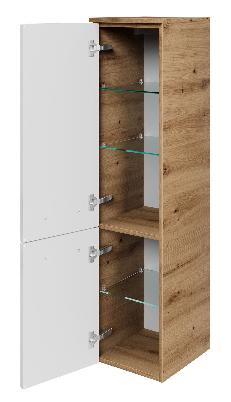 Midischrank aus Holz mit zwei offenen Türen, Glasböden und Holzoptik, seitliche Perspektive