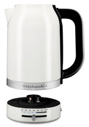 Weißer Wasserkocher mit 1,7 Liter Fassungsvermögen, seitliche Ansicht, mit abnehmbarer Basis und Temperaturregler.