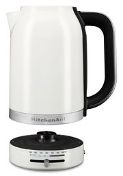 Weißer Wasserkocher mit 1,7 Liter Fassungsvermögen, seitliche Ansicht, mit abnehmbarer Basis und Temperaturregler.