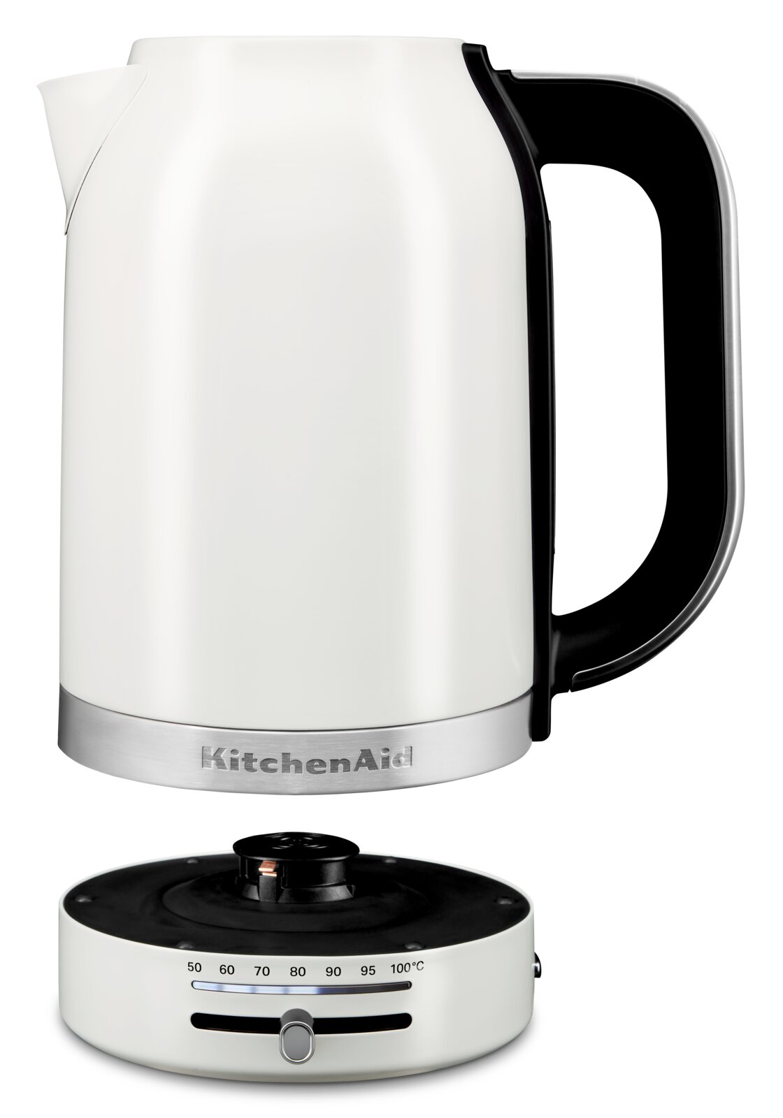 Witte waterkoker met een inhoud van 1,7 liter, zijaanzicht, met afneembare voet en temperatuurregelaar.