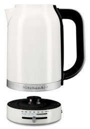 Witte waterkoker met een inhoud van 1,7 liter, zijaanzicht, met afneembare voet en temperatuurregelaar.