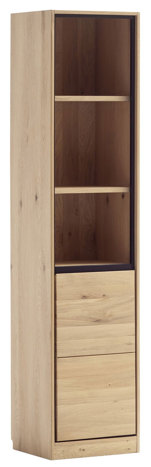 Hohes Regal aus Holz mit zwei offenen Fächern und einer Tür unten, seitliche Perspektive