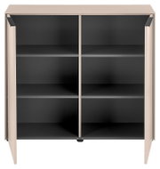 Modernes Sideboard/Schrank mit zwei dunklen Glas-Schiebetüren und hellem Rahmen, Innenfächer sichtbar, Produktansicht von vorne