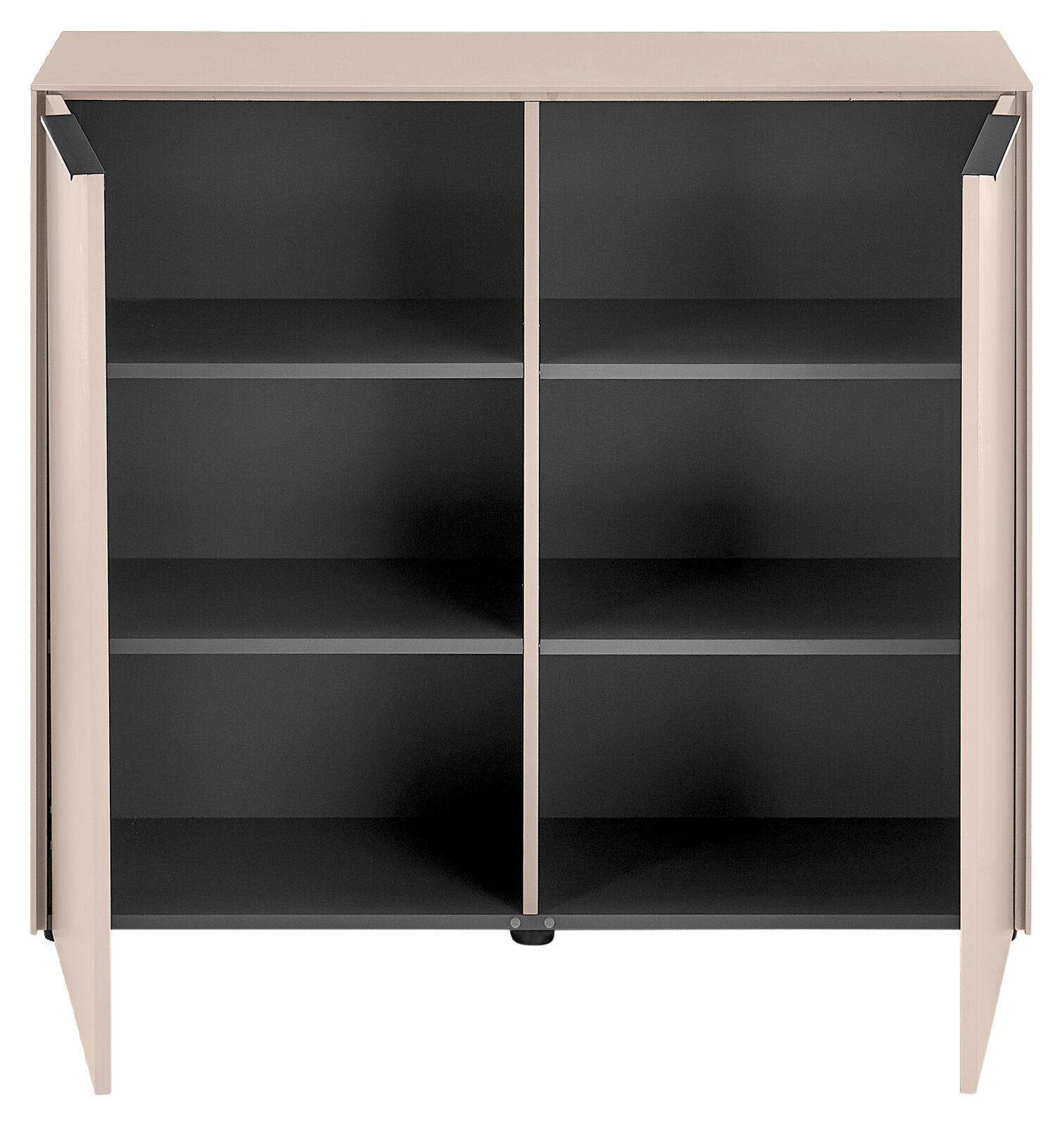 Modernes Sideboard/Schrank mit zwei dunklen Glas-Schiebetüren und hellem Rahmen, Innenfächer sichtbar, Produktansicht von vorne