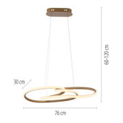 Moderne LED-Pendelleuchte in Gold/Champagner mit zwei ineinander verschlungenen, leuchtenden Ringen (Durchmesser ca. 76 cm), höhenverstellbar 60–120 cm, Produktansicht frontal von leicht unten auf weißem Hintergrund